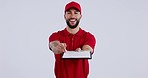 Face, signature or happy delivery man in studio for safe shipping to transport an ecommerce product. Package, logistics or documents to sign, courier person on white background for sales and services