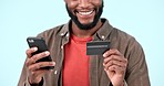 Happy black man, hands and phone with credit card in online shopping or banking against a studio background. Closeup of African male person or payment with debit, mobile smartphone app or ecommerce
