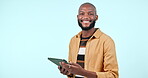 Happy black man, tablet and research in networking or social media against a studio background. Portrait of African male person smile with technology for online search, website or app on mockup space