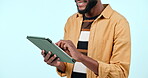 Happy black man, hands and tablet in research, social media or networking against a studio background. Closeup of African male person on technology for online search, browsing app or communication