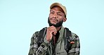 Backpack, thinking and face of black man in studio with hiking, question or idea, planning or strategy on blue background. Why, emoji and African guy backpacker confused by how to, choice or decision