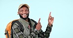 Happy black man, backpack and pointing in marketing or advertising against a studio background. Portrait of African male person, tourist or hiker show notification, alert or list for travel on mockup
