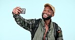 Happy black man, backpack and hiking in selfie, photography or memory against a studio background. Excited African male person or tourist smile in photography, picture or social media on mockup space