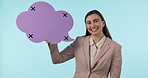 Business, woman and face with speech bubble, question and confused comment on social media in studio blue background. Entrepreneur, portrait and sign with faq, quote and chat online with feedback