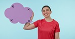 Happy, athlete and face with speech bubble, chat and online  quote on social media in studio blue background. Woman, portrait and sign with announcement, comment or voice with feedback or information