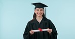 Smile, face and a woman with a graduation diploma for education, learning or success in school. Happy, college and portrait of a graduate with a certificate for achievement on a studio background