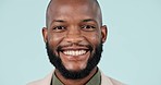 Face, business and black man with a smile, career and employee on a blue studio background. Portrait, African person or model with happiness, accountant or financial adviser with employee or ambition