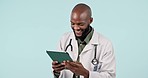 Tablet, smile and man doctor in a studio doing research for medical treatment on the internet. Happy, digital technology and African male healthcare worker working on telehealth by white background.