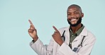 Happy black man, doctor and pointing in marketing or advertising against a studio background. Portrait of African male person, medical or healthcare professional show notification on mockup space