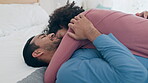 Couple, bed and hug for relax or together for peace, sleep or love in room. Happy partnership, morning and care in home or wake up for lazy or comfort in apartment for nap, rest or laugh in embrace