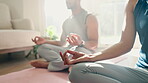 Yoga, lotus hands and couple for home meditation, zen fitness and exercise or mindfulness, healing and peace on floor. Calm, mental health and relax people for holistic training and body wellness