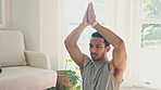 Hands, namaste and meditation with man and yoga at home, fitness and mindfulness with zen, calm and spiritual. Prayer, peace and exercise in living room, health and wellness for healing and self care