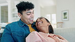 Happy couple. relax and smile on sofa in home, living room or watching tv, show or movies online with technology or tablet. People, laughing or streaming with app or website for comedy, video or joke