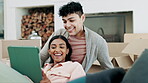 Couple, tablet and boxes for new house planning, social media and website, e commerce or furniture online shopping. Young interracial people, relax on floor and digital tech for moving in real estate