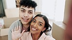 Couple, love and real estate in selfie, social media or moving in new home together in live streaming. Portrait of happy man and woman smile with boxes in online vlog, property or house renovation