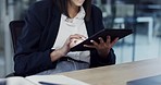 Business woman, hands and tablet for networking, social media or research at night by office. Closeup of female person or employee working late on technology in online search or communication at work