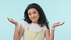 Face, confused and woman shrug in studio isolated on a blue background mockup space. Doubt, portrait and person puzzled with choice, decision or weigh option, balance scale and unsure of comparison