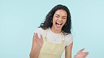 Happy, woman and laughing with gen z, crazy and modern fashion in a studio. Funny joke, portrait and female person from Brazil with smile and blue background with confidence and trendy clothes