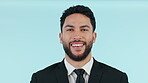 Face, lawyer and happy business man in studio isolated on a blue background mockup space. Portrait, professional smile and corporate attorney, employee or confident worker in Brazil for law career.