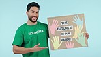 Poster, studio man or happy volunteer gesture at activism placard sign, eco outreach support or NGO charity. Cardboard banner, community service project or portrait person speaking on blue background