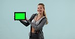 Tablet green screen, studio fitness or happy woman, personal trainer or workout presentation of online mockup space. Training exercise promotion, tracking markers or coach portrait on blue background