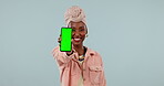 Green screen, mockup and technology advertising with black woman in studio, phone screen and tracking marker. Website ads, logo design and UX with app, smartphone brand and contact for communication