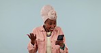 Wow, news and black woman with phone in studio for social media, gossip or drama on grey background. Omg, smartphone and African female model with omg emoji for secret, drama or sign up app deal info