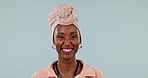 Face, smile and black woman laughing in studio with comedy, reaction or feel good mood on grey background. Happy, portrait and African female model with positive mindset, humor or comic reaction