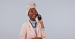 Business, phone call and black woman with conversation, funny and connection on a white studio background. African person, consultant and happy employee with a smartphone, communication and laughing