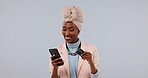 Credit card, phone and happy woman in online shopping, e commerce or fashion payment on a white background. African person typing on mobile for internet banking, subscription or transaction in studio