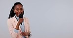 Happy black woman, microphone and news anchor in presentation or broadcast against a studio background. Portrait of African female person or reporter talking on mic in journalism on mockup space