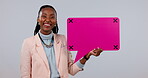 Face, speech bubble and social media, black woman with smile, mockup space and communication with voice in studio. Chat, feedback and quote with info, portrait and tracking marker on white background