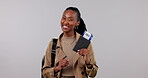 Travel, plane ticket and black woman, face in studio and holiday with mockup space and smile on white background. Excited, adventure and journey, booking documents for flight and portrait on vacation
