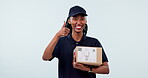 Happy black woman, delivery and box with thumbs up in success or thank you against a studio background. Portrait of African female person or courier lady with like emoji, yes sign or ok in logistics