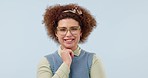 Face, smile and woman with glasses, promotion and clear vision on a blue studio background. Portrait, happy person and model with optometry, eyewear and see with looking, eyesight and happiness