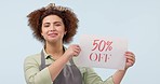 Discount, sign and cafe promotion, woman and face with information on blue background. Poster, billboard or banner with sale news, announcement and barista with board for advertising in studio