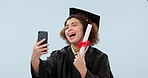 Graduate, selfie and woman in studio with diploma, certificate and degree on blue background. University, peace sign and student take picture for education blog, social media and college memory