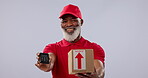 Delivery boxes, mature black man and POS for logistics courier, product shipping or studio services payment. NFC fintech, easy pay and portrait person giving point of sale machine on grey background