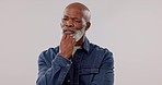 Thinking, senior man and solution with confused, problem solving and ideas on a white studio background. African person, model and pensioner with doubt, planning and questions with retirement and why