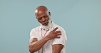 Shoulder pain, muscle injury and a senior black man in studio on a gray background with inflammation. Fitness, training and an elderly coach or personal trainer with fibromyalgia during a workout