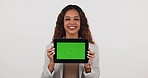 Tablet screen, mockup and technology advertising with woman in studio, green screen and tracking marker. Website ads, logo design and UX with app, digital brand and contact for communication