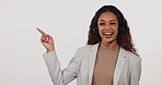 Face, business woman and pointing to call center information, sales offer or choice in studio. Portrait, happy agent or advertising mockup of FAQ feedback, questions or CRM review on white background