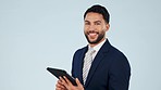 Face, business man and tablet in studio for planning research, information and update software on grey background. Portrait of happy arab employee scroll on digital website, online and social network
