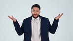 Confused, face and business man in studio with emoji, hands or dont know gesture on grey background. Questions, why and portrait of male entrepreneur with palm scale for choice, decision or solution