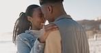 Black couple, ocean and embrace with love, travel and vacation by beach in Miami with a smile, Happy, sea and African young people together with marriage and holiday portrait in summer with hug