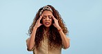 Stress, headache and young woman in studio with anxiety, pain or temple massage for wellness. Burnout, dizzy and female model from Colombia with migraine for sickness isolated by white background.