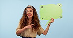 Woman, speech bubble and quote presentation, social media or creative chat and reviews on blue background. Face of african person with voice poster, communication mockup and tracking marker in studio