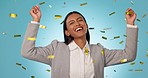 Business, confetti and woman with celebration, achievement and happiness on a blue studio background. Person, employee and consultant with motivation, winner or cheering with success, wow or cheerful