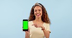 Woman, phone green screen and presentation for marketing, website blog and fashion in studio. Face of african person on mobile app, contact mockup and offer, information or sign up on blue background