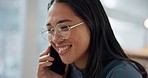 Asian, business deal or happy woman on a phone call talking, networking or speaking in office. Smile, mobile communication chat or female entrepreneur in conversation, discussion or negotiation offer